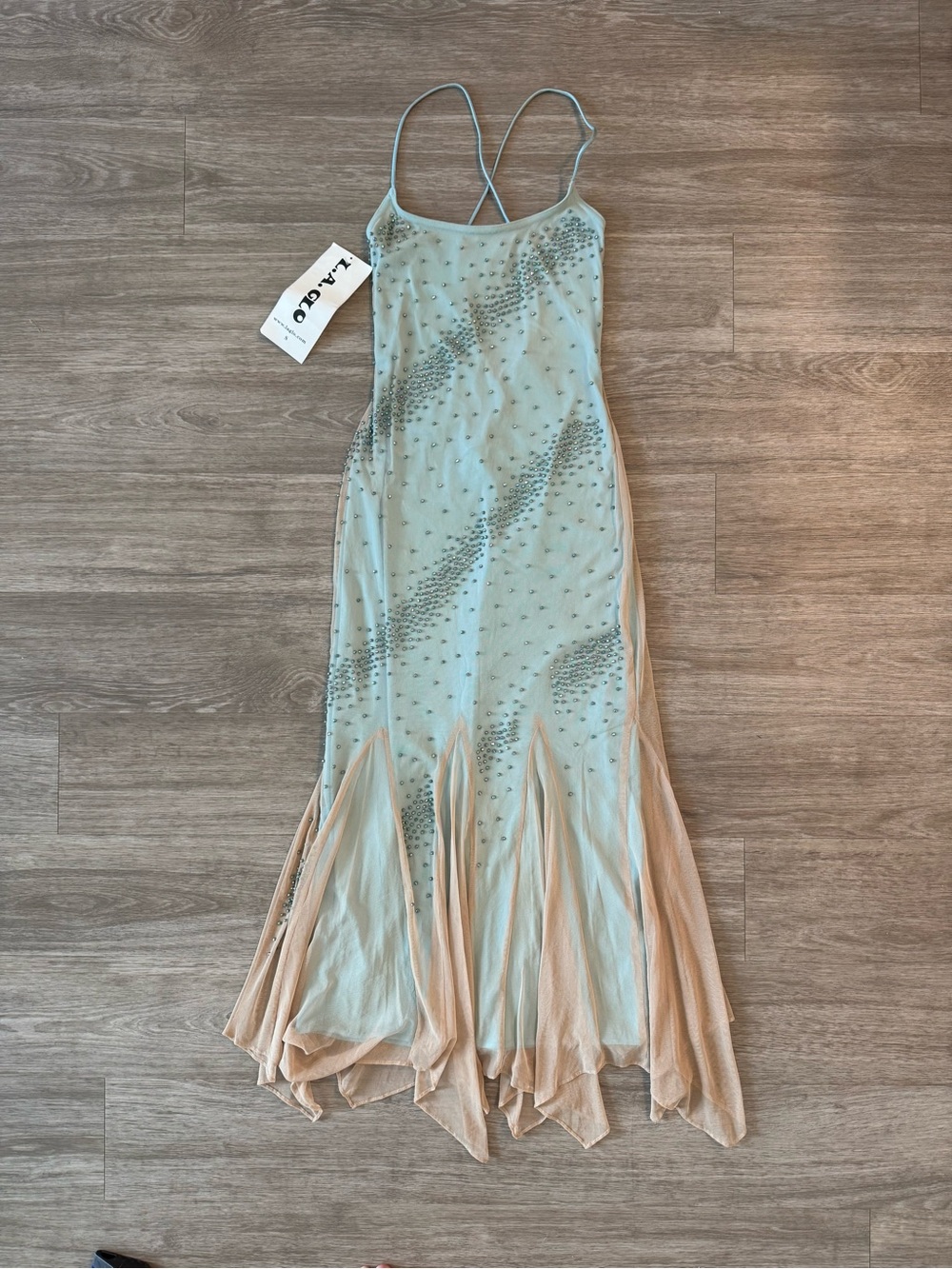 NWT Vintage Y2K L.A. Glo Rhinestone Beaded Mermaid Maxi Gown Dress, Size Small